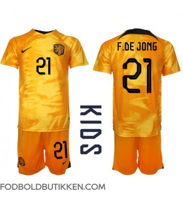 Holland Frenkie de Jong #21 Hjemmebanetrøje Børn VM 2022 Kortærmet (+ Korte bukser)